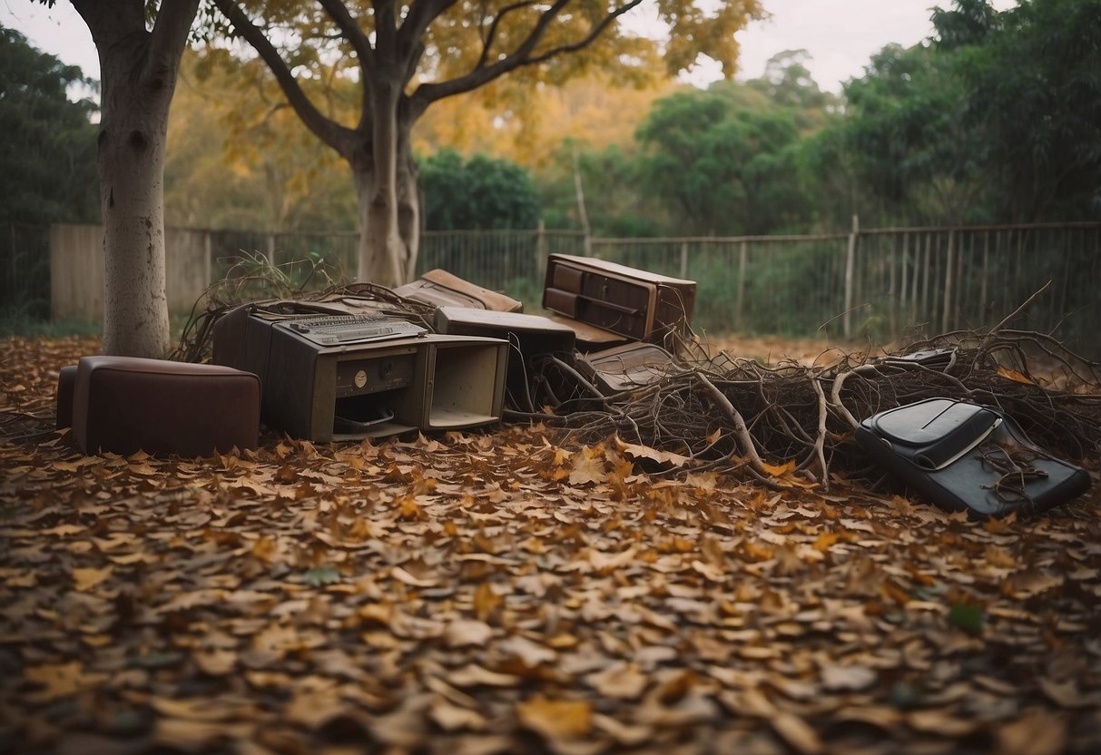 A pile of discarded furniture sits under a gumtree, surrounded by fallen leaves and twigs