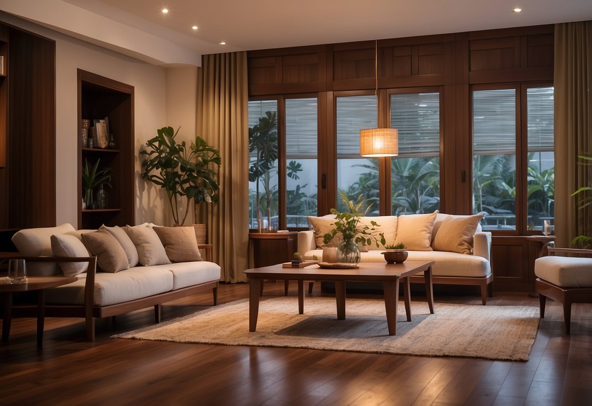 A cozy living room with teak and mahogany furniture arranged in an elegant and inviting manner. The warm tones of the wood create a sense of luxury and comfort