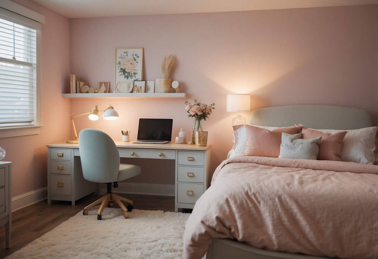 A cozy bedroom with a twin bed, a nightstand, a small dresser, and a desk with a chair. The room is adorned with soft lighting and pastel-colored walls
