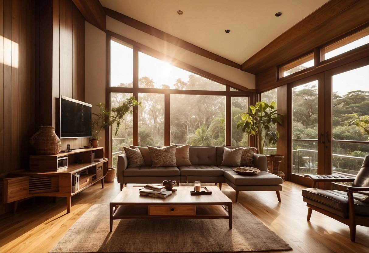 A cozy living room with teak and mahogany furniture arranged neatly. Sunlight streams in through the window, casting warm hues onto the polished surfaces