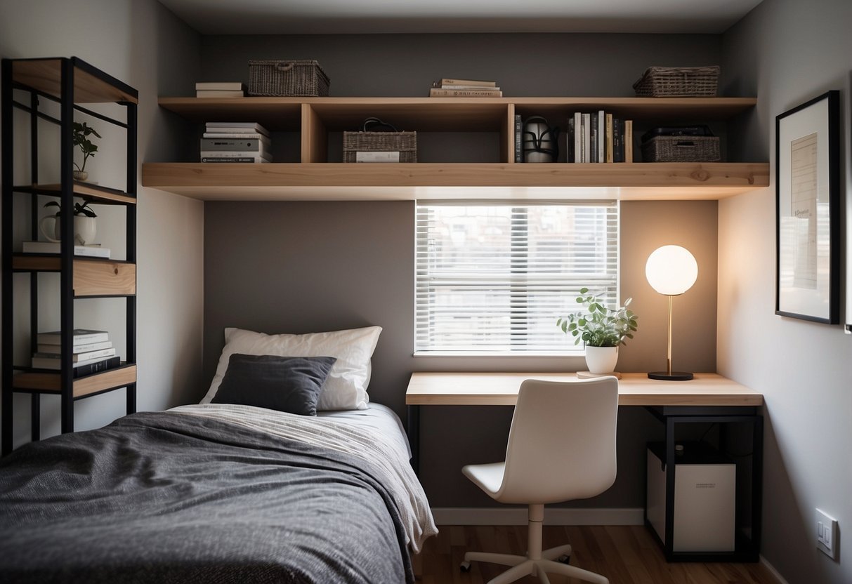 A small bedroom with a loft bed, wall-mounted shelves, and a fold-down desk to maximize space
