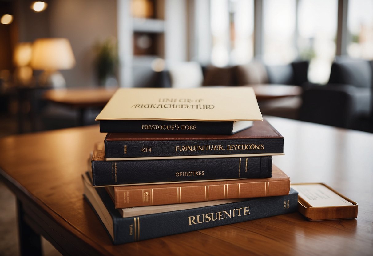 A stack of furniture with a "Frequently Asked Questions" sign on top. Items include a table, chair, and lamp