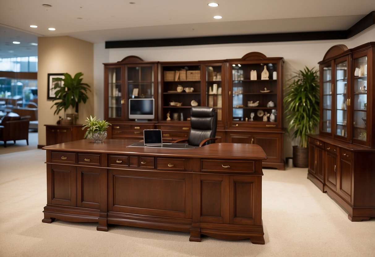 Teak and mahogany furniture arranged in a showroom, with a sign reading "Frequently Asked Questions" displayed prominently
