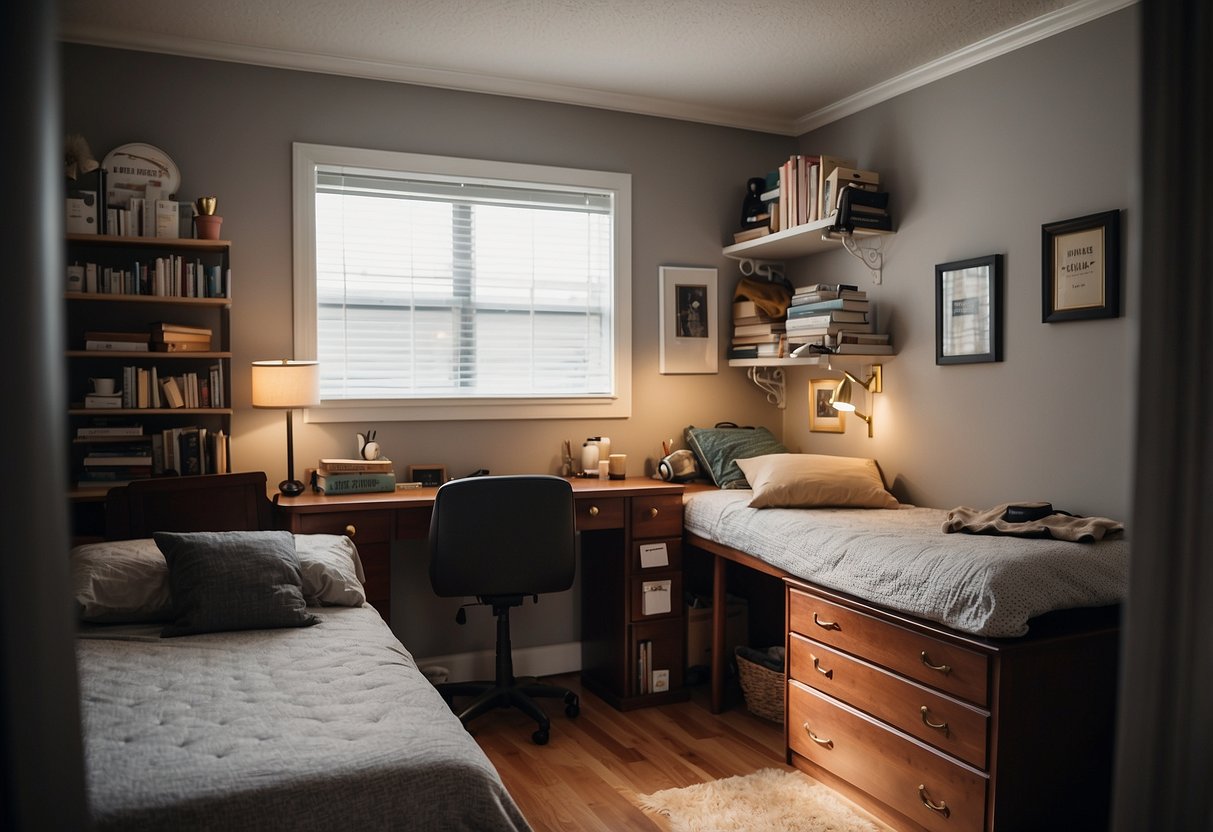 A small bedroom with a bed, nightstand, and dresser. The room is cluttered with books, clothes, and personal items. A small desk and chair are tucked in the corner