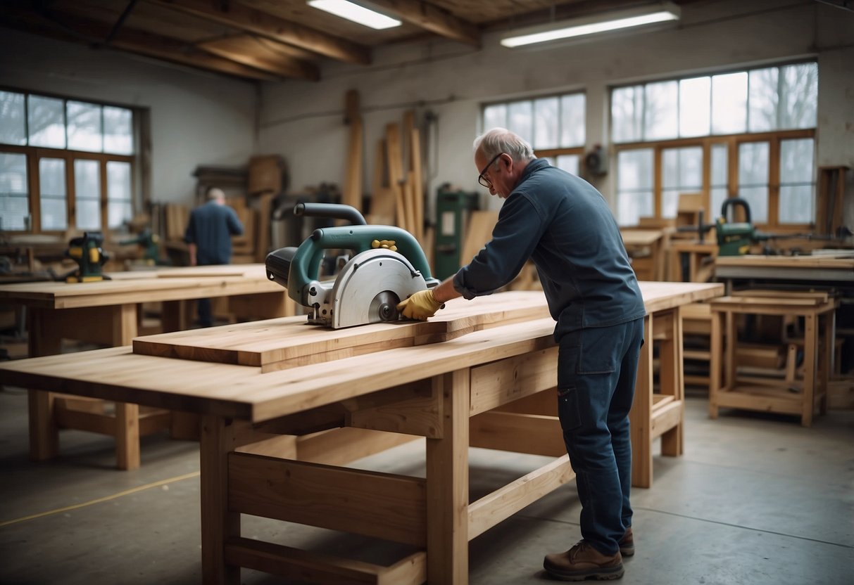 A workshop filled with buzzing saws and sanders, as skilled craftsmen shape and assemble solid oak furniture pieces