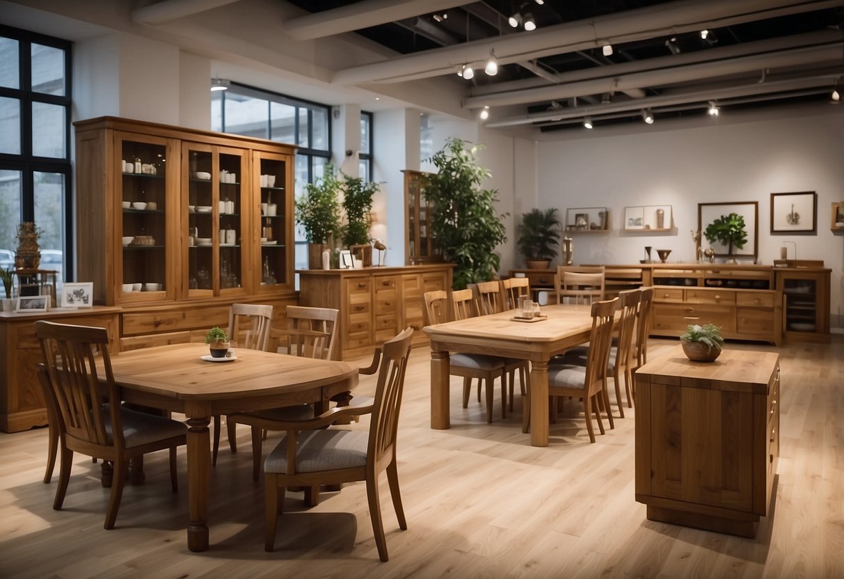 A showroom filled with exquisite solid oak furniture, showcasing the craftsmanship of the manufacturers