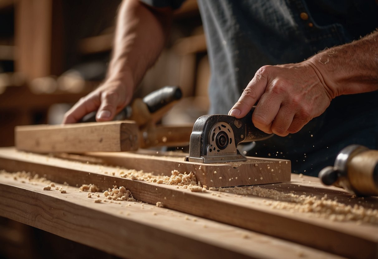 A craftsman carefully selects oak wood, shaping it into elegant furniture pieces. Sawdust fills the air as the workshop buzzes with the sound of tools