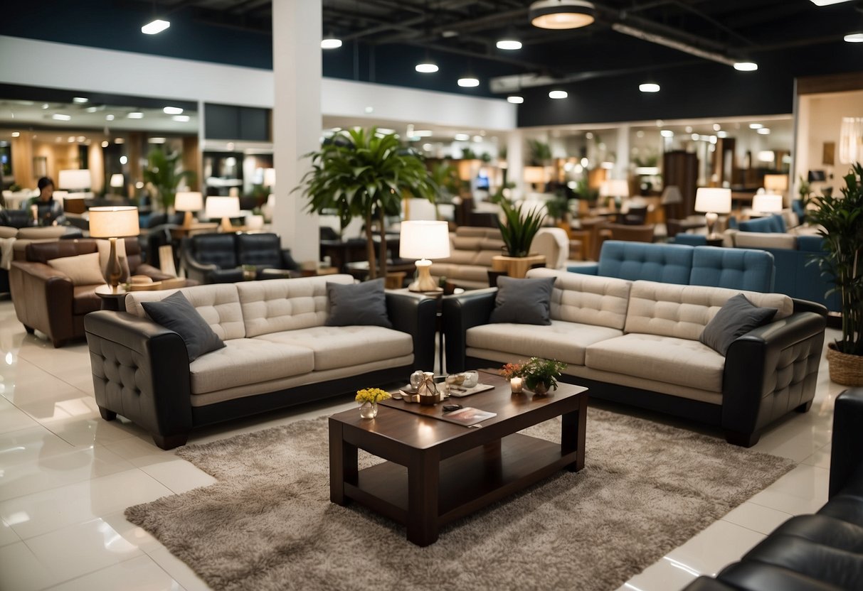 A bustling furniture store in JB with rows of neatly displayed sofas, tables, and chairs. Customers browse through the various options, while sales staff assist with inquiries