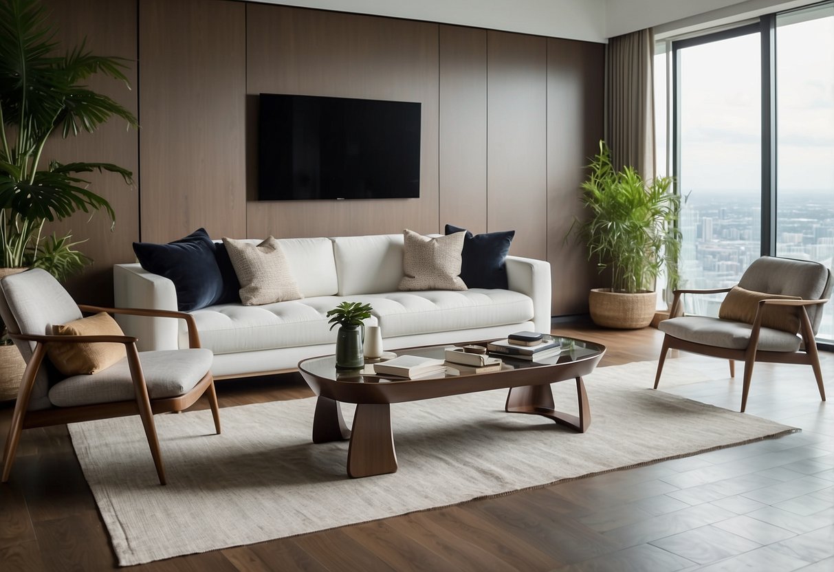 A modern living room with sleek, minimalist furniture. A large, comfortable sofa sits in the center, surrounded by matching chairs and tables. Bright, natural light floods the room, highlighting the clean lines and elegant design of the new star furniture