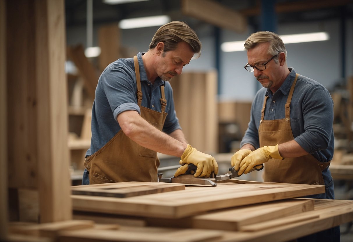 Solid oak furniture being crafted in a busy workshop, with workers measuring, cutting, and assembling pieces. Finished products on display