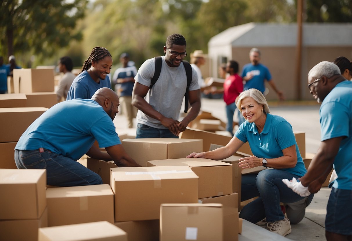 A diverse group of people donate furniture to a collection center, symbolizing community support and unity