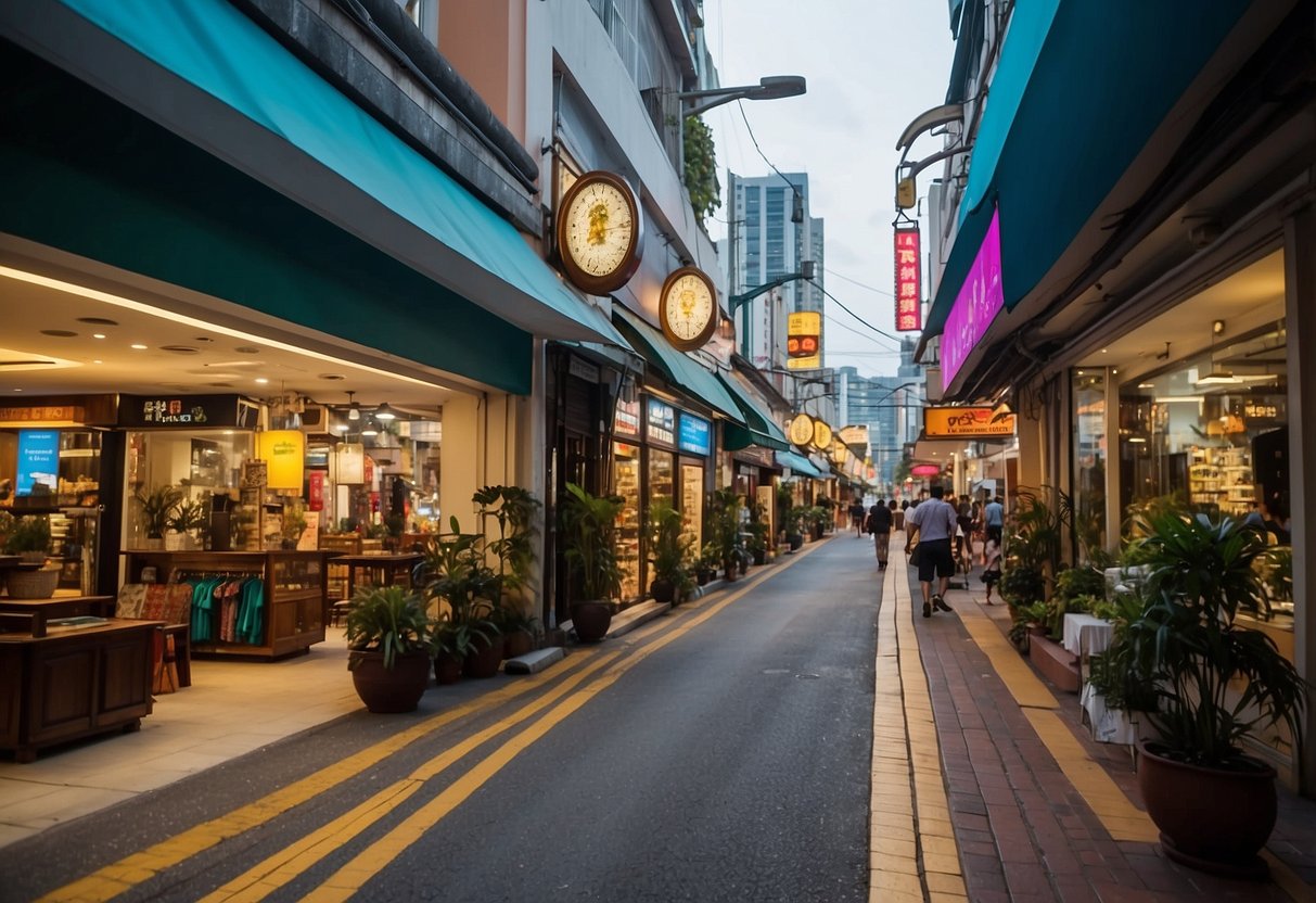 A bustling street in JB lined with furniture stores, colorful signage, and bustling shoppers. Showroom windows display a variety of furniture styles and designs