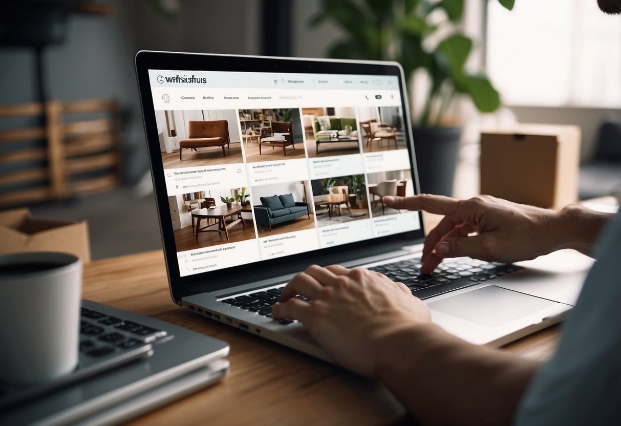 A person browsing furniture online, adding items to cart, and selecting delivery options
