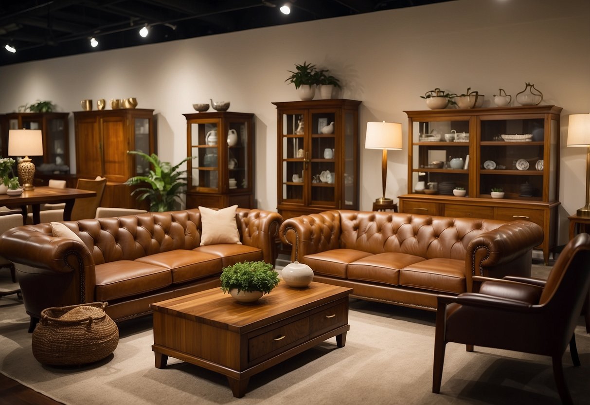 A showroom displays teak furniture pieces, with warm, rich wood tones and smooth finishes, inviting customers to discover the beauty and craftsmanship of each piece