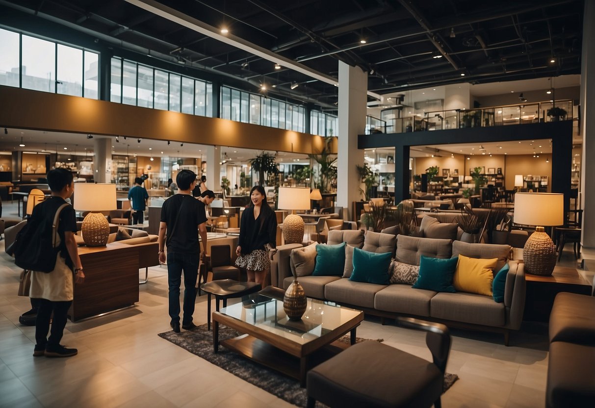 A furniture store in JB bustling with customers browsing and purchasing items, with staff assisting and answering questions
