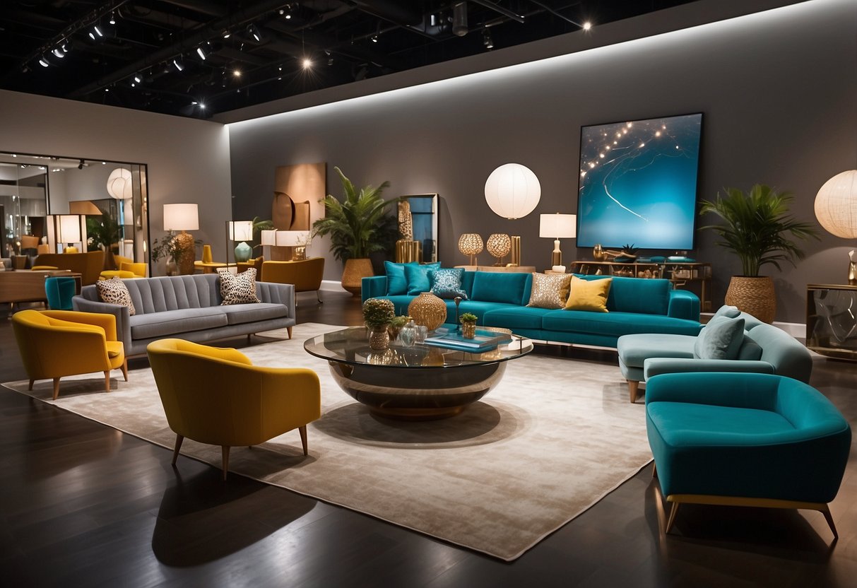 A showroom filled with modern furniture displays. Bright lighting highlights sleek designs and vibrant colors. Textured fabrics and polished surfaces catch the eye