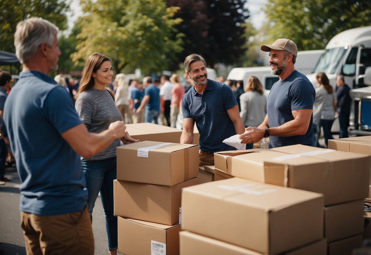 People donating and acquiring furniture at a charity collection event. Items are exchanged and loaded onto trucks