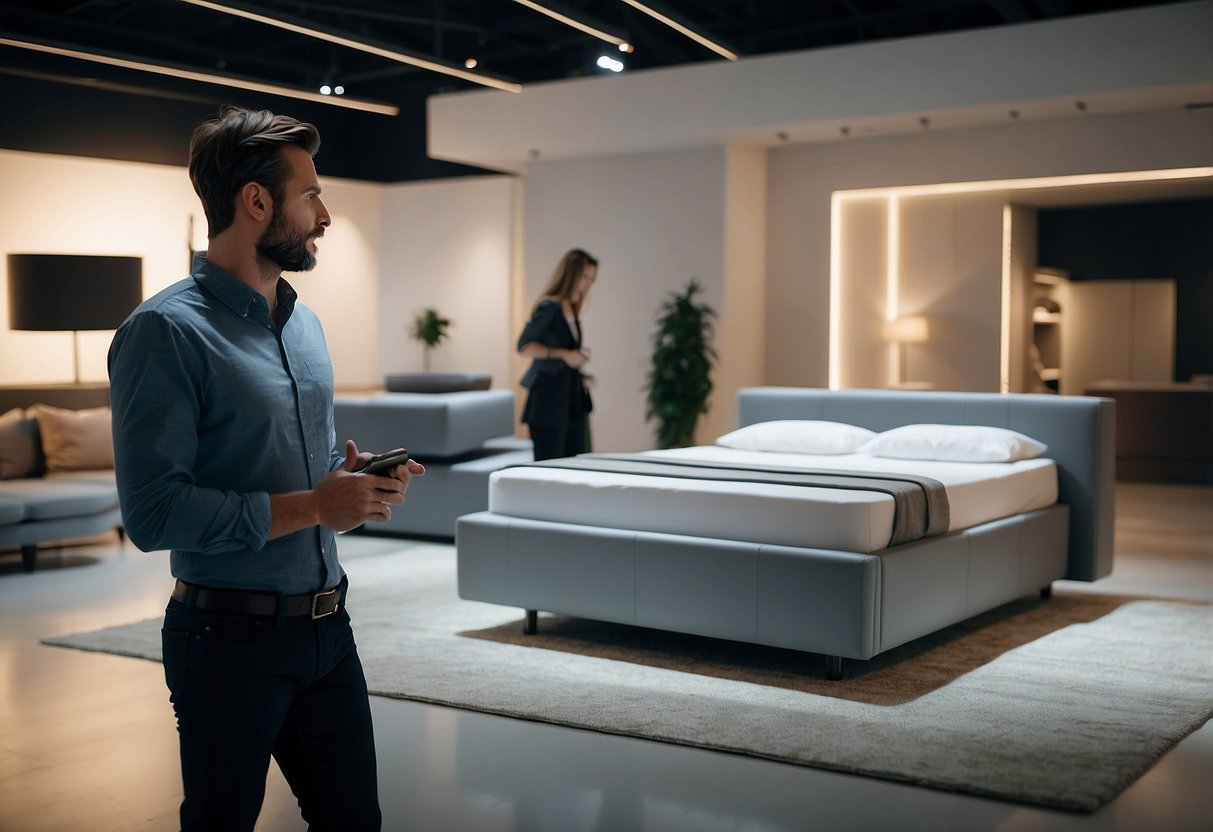 A person stands in a showroom, comparing different smart furniture beds. The beds are sleek and modern, with built-in technology and adjustable features
