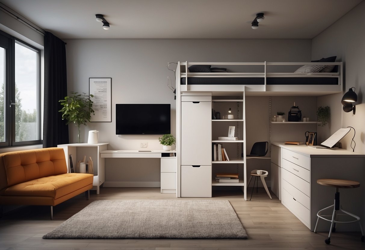A small studio apartment with a loft bed, foldable table, and storage ottoman from Ikea. Compact and functional furniture maximizes space