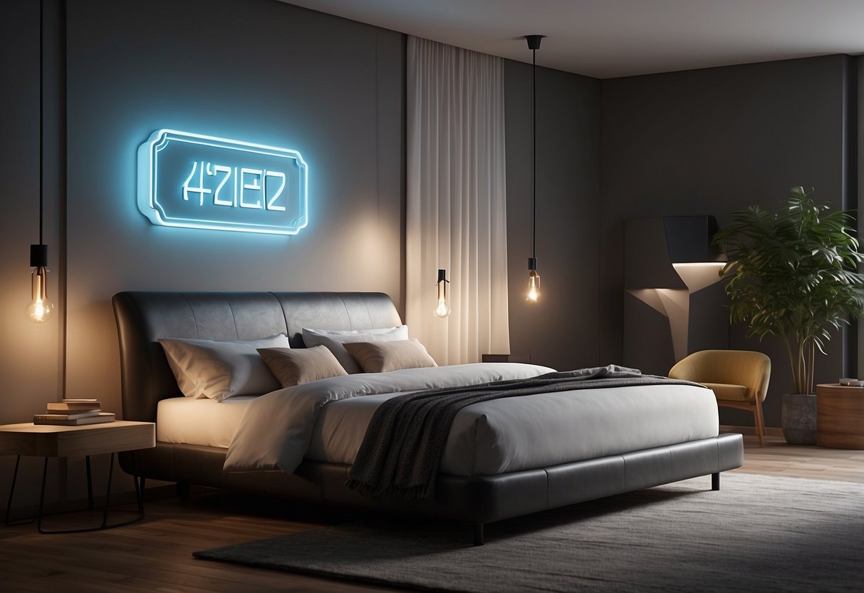 A sleek, modern bed with built-in technology, surrounded by floating question marks and a glowing "Frequently Asked Questions" sign