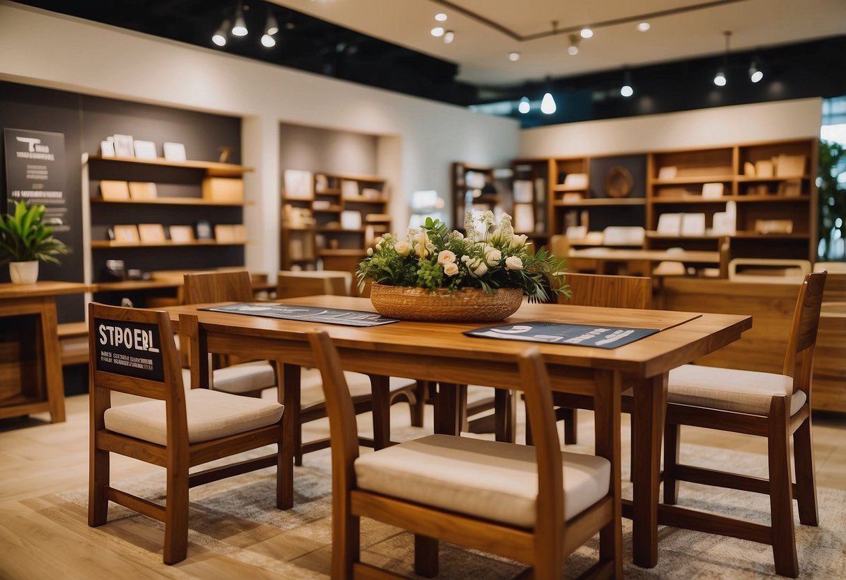 Teak wood furniture displayed with sale signs in a Singapore showroom. Shopping guide brochures and care instructions are visible
