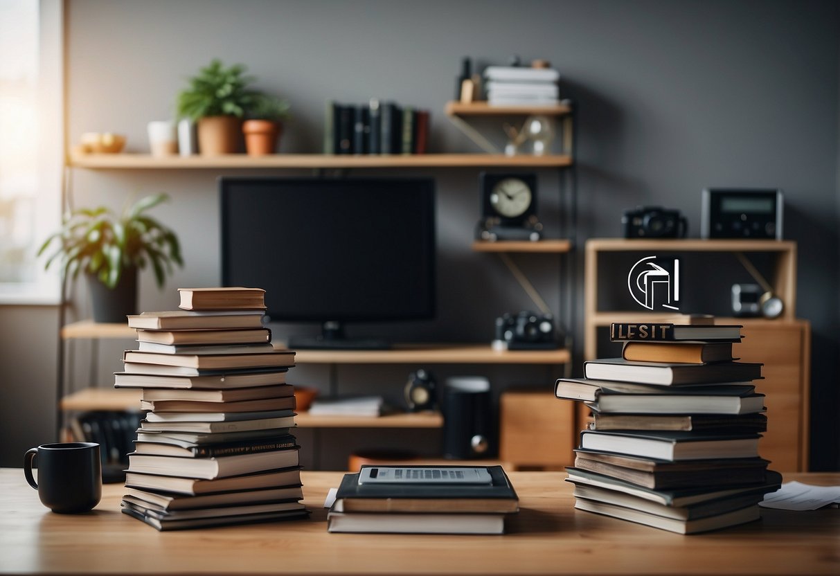 A stack of FAQs surrounded by various furniture pieces