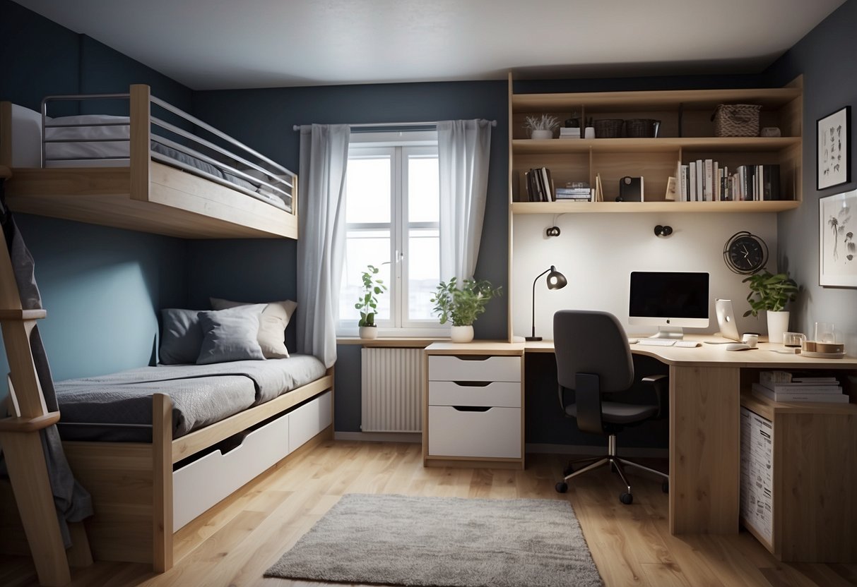 A small bedroom with a loft bed, under-bed storage, and wall-mounted shelves from Ikea. Clothes and accessories neatly organized in the available storage space