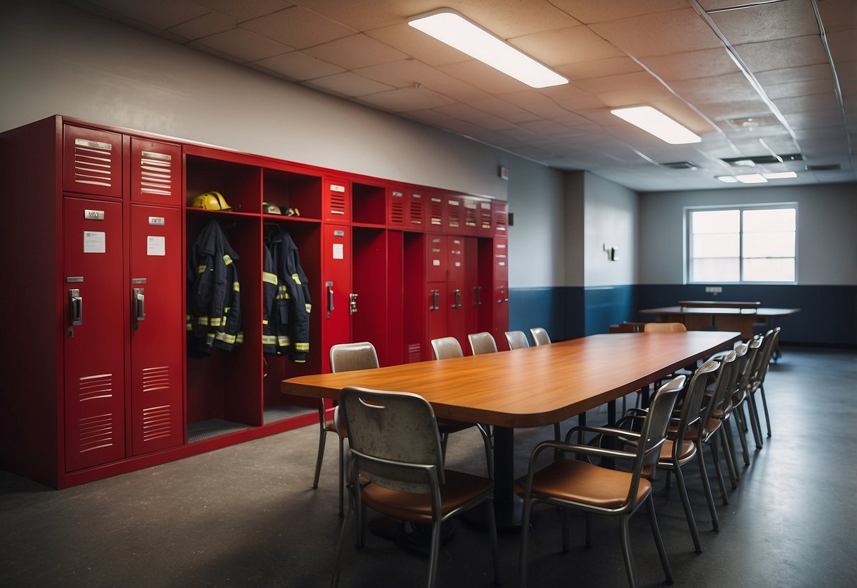 The fire station furniture includes red lockers, a large wooden table, and metal chairs. A fireman's helmet and jacket hang on a hook by the door