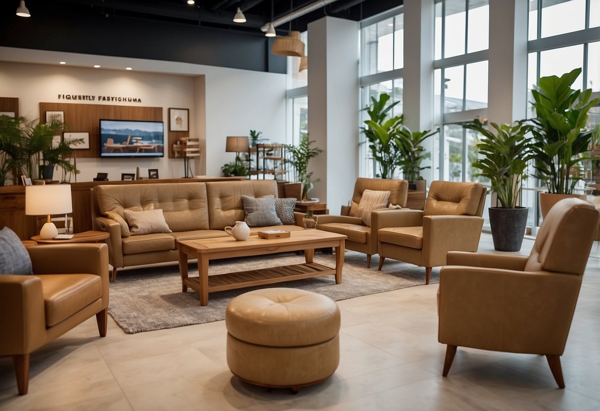 A showroom with teak wood furniture on sale, customers browsing, a sign with "Frequently Asked Questions" displayed prominently