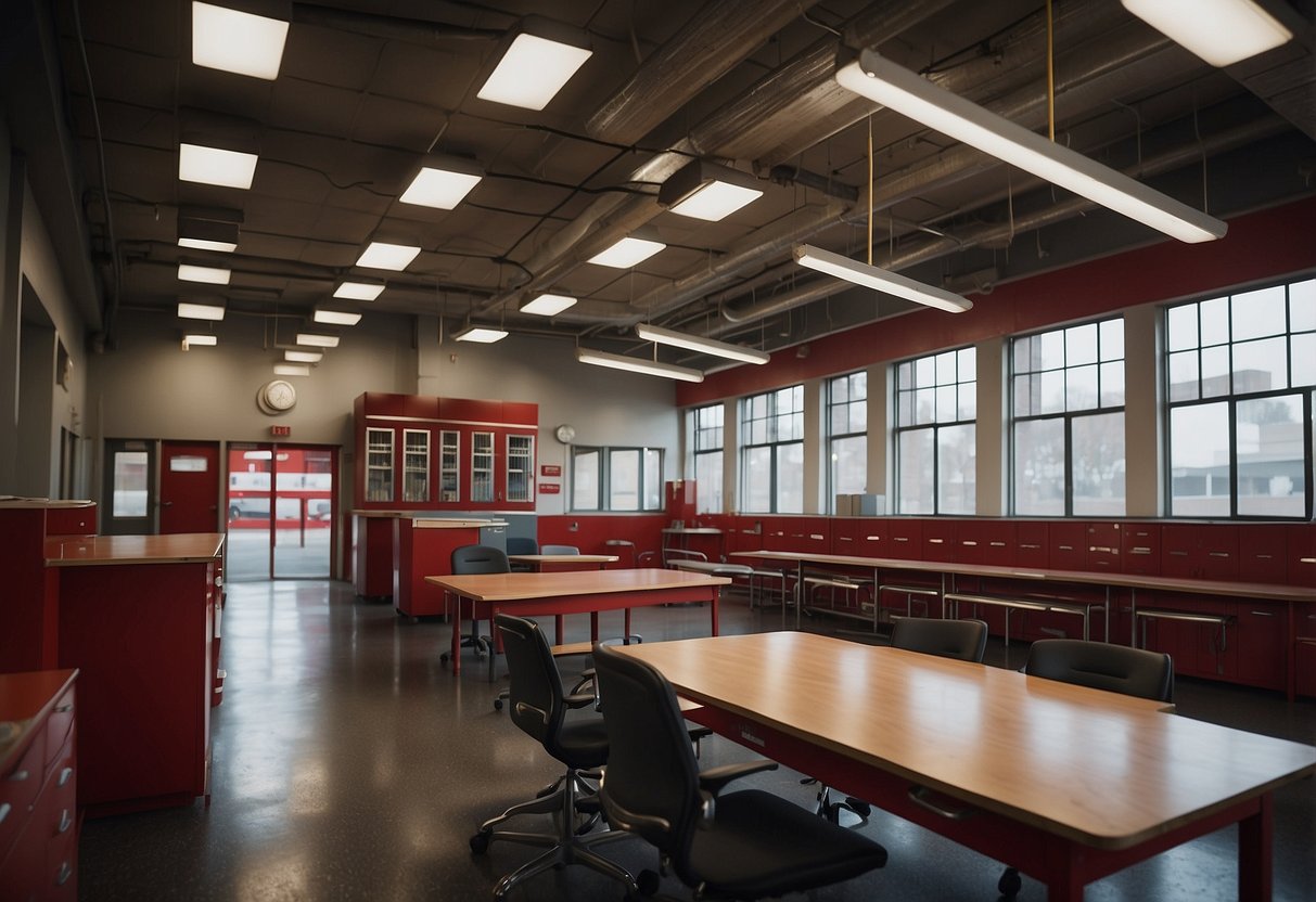 A fire station with lockers, desks, chairs, and a fire pole
