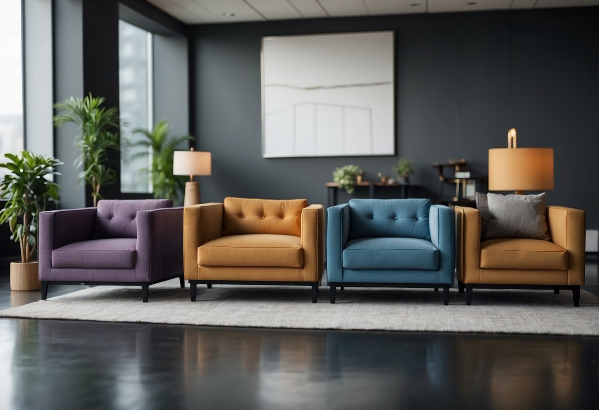 A row of sleek, modern furniture pieces with "Frequently Asked Questions" signs displayed prominently