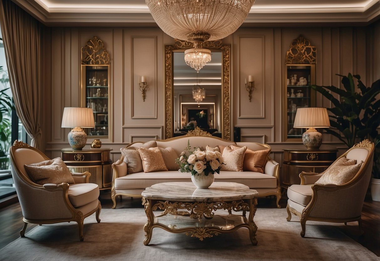 A cozy living room with ornate French style furniture in Singapore. Rich fabrics, intricate carvings, and elegant curves define the space