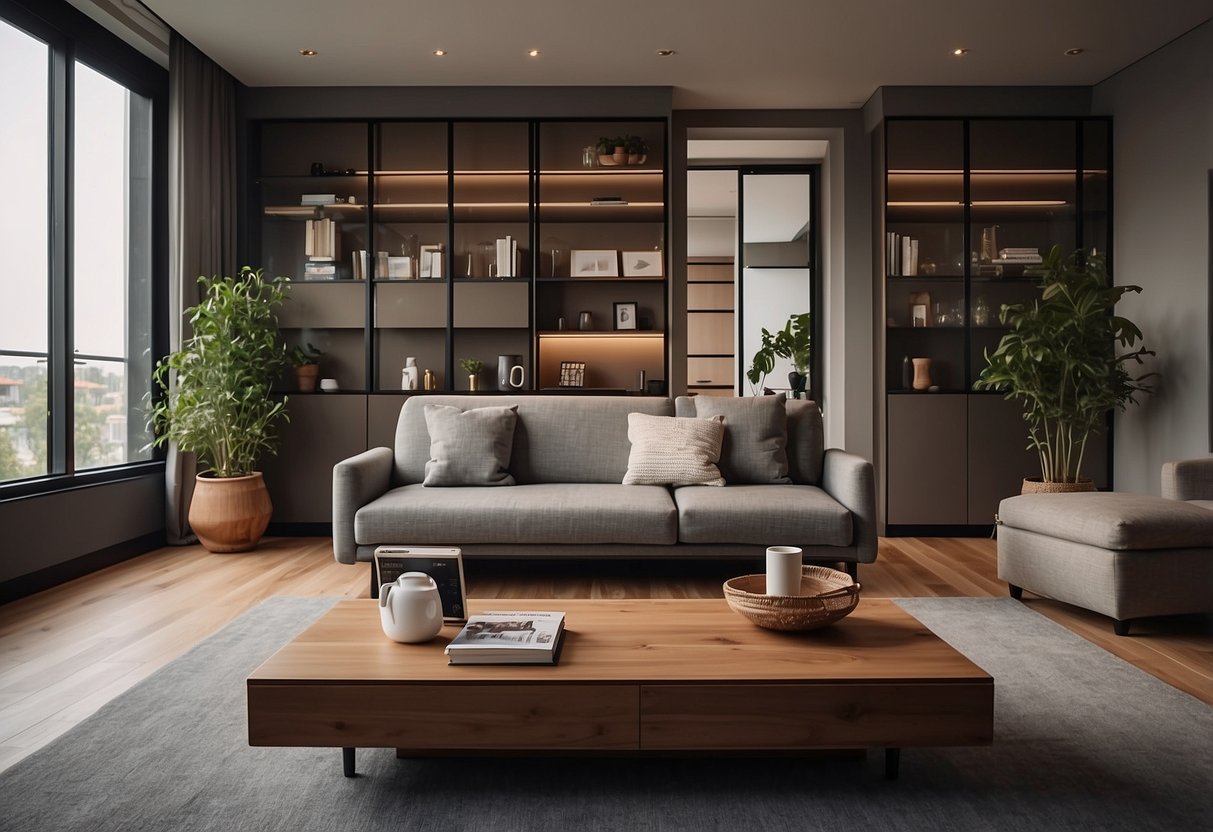 A cozy living room with a wall-mounted fold-out desk, hidden storage compartments in the coffee table, and a sofa bed with built-in drawers