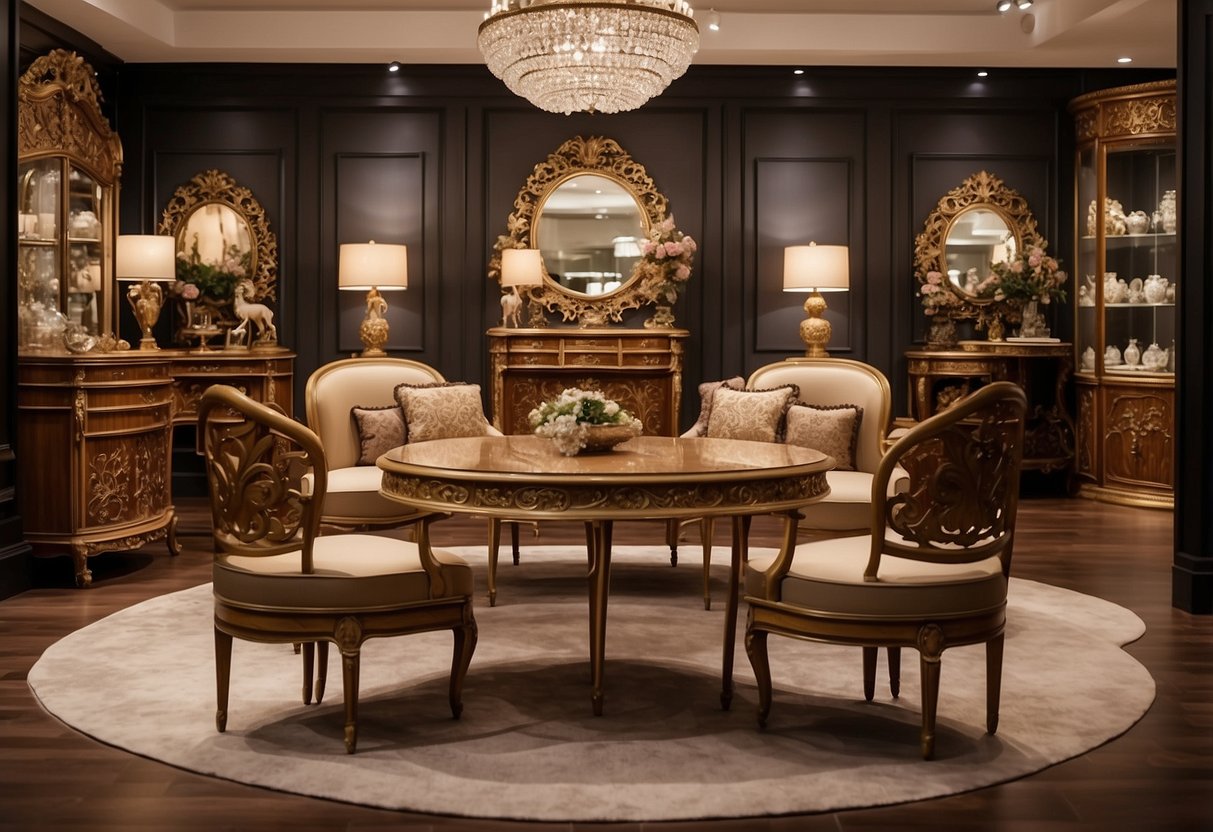 A cozy showroom displays ornate French style furniture in Singapore. Rich wood finishes and intricate carvings adorn elegant pieces