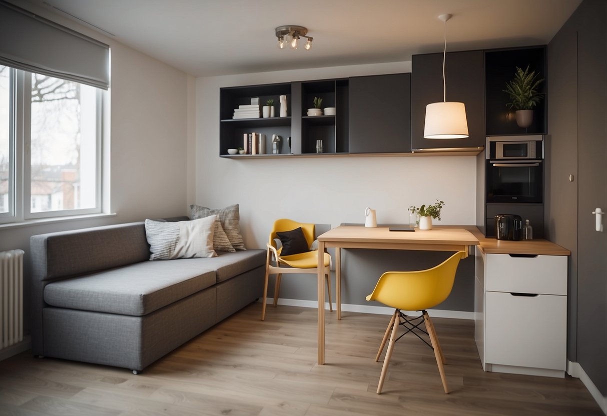 A small room with a convertible sofa bed, foldable dining table, and wall-mounted storage units from IKEA