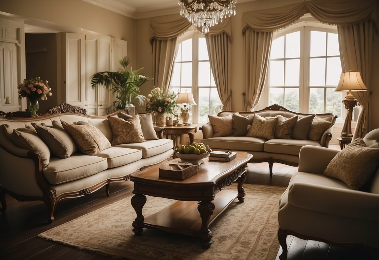A cozy living room with elegant French-style furniture, including a plush sofa, ornate coffee table, and intricately carved armchairs. Soft lighting and a warm color palette create a welcoming ambiance