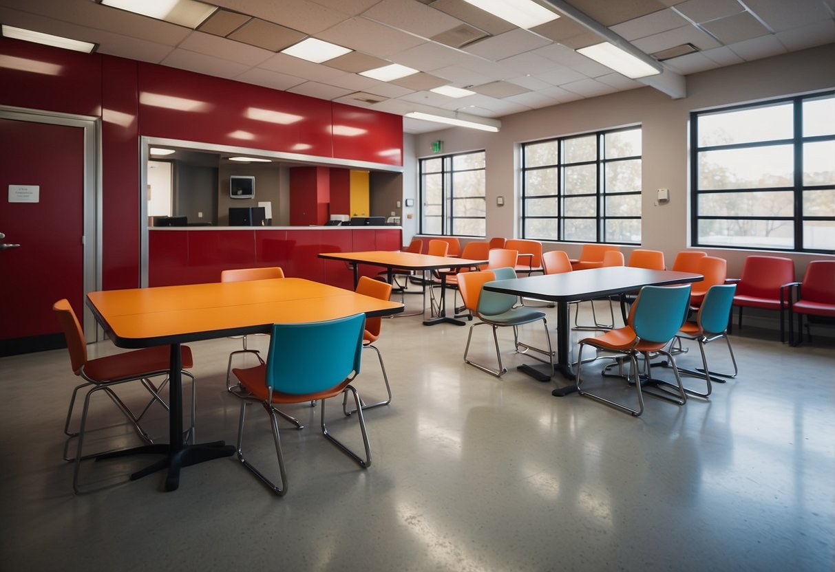 A fire station with modern, functional furniture arranged in an organized and spacious layout. Brightly colored chairs and tables are placed in common areas for easy access