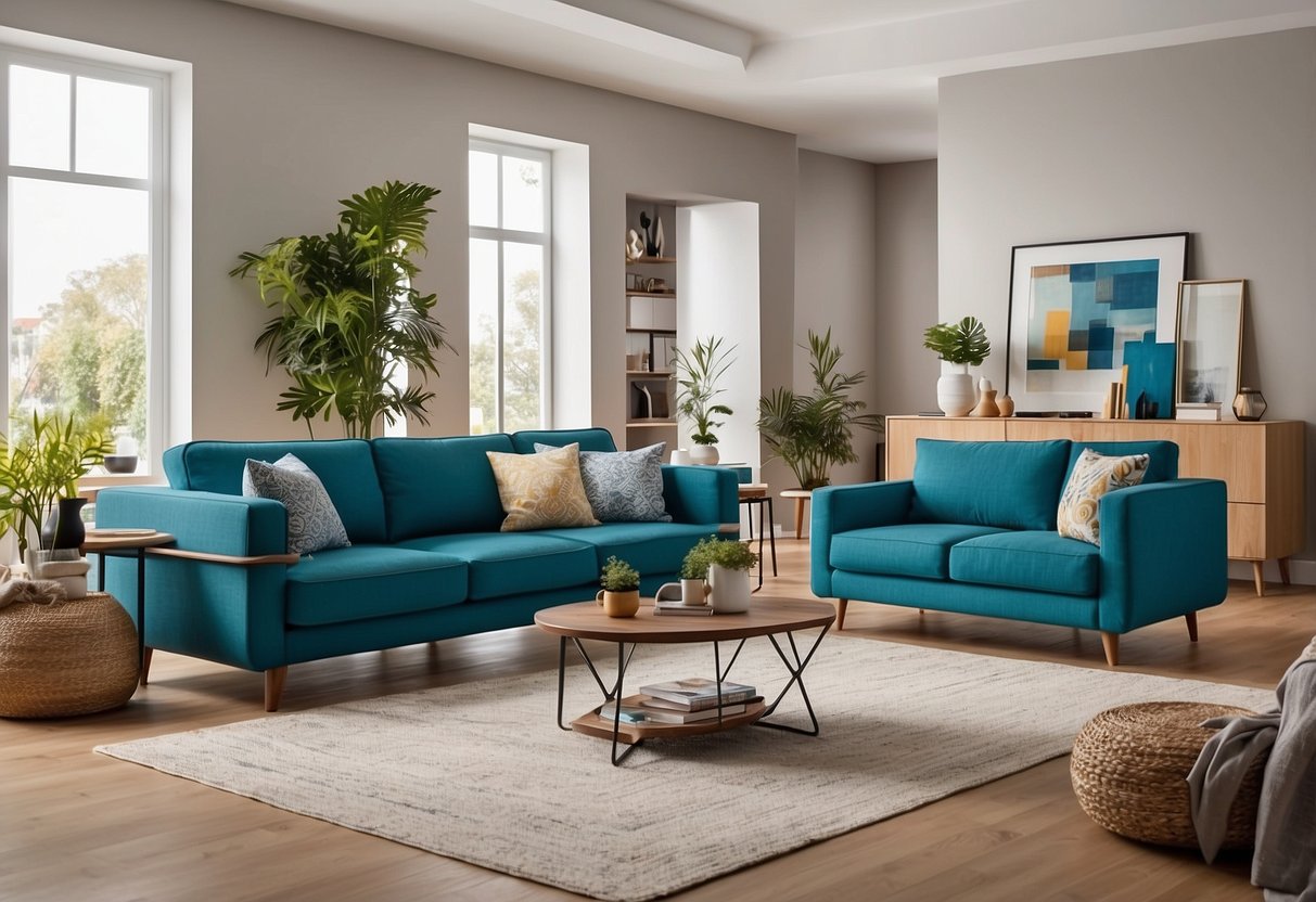 A bright, spacious room filled with modern and stylish furniture from Home Centre's range. The furniture is arranged neatly, with vibrant colors and trendy designs