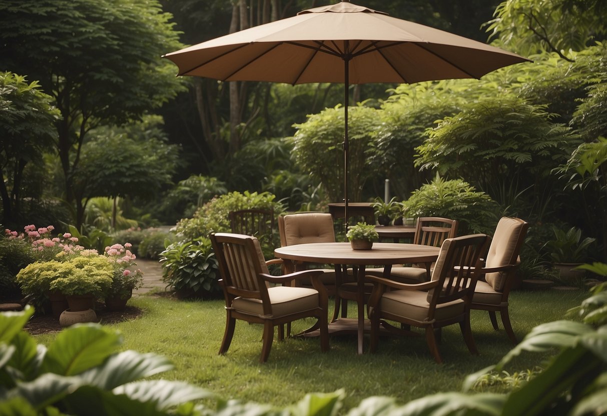 A table, chairs, and umbrella sit in a lush garden. A "For Sale" sign is displayed prominently