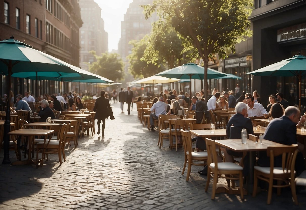 Busy street with outdoor tables, chairs, and umbrellas. People walking by, chatting, and enjoying drinks. Cityscape in the background