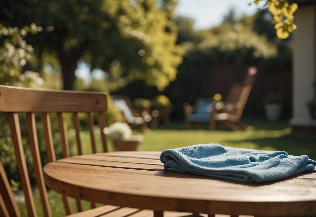 Garden furniture being cleaned and polished with a cloth and cleaning solution in a sunny backyard