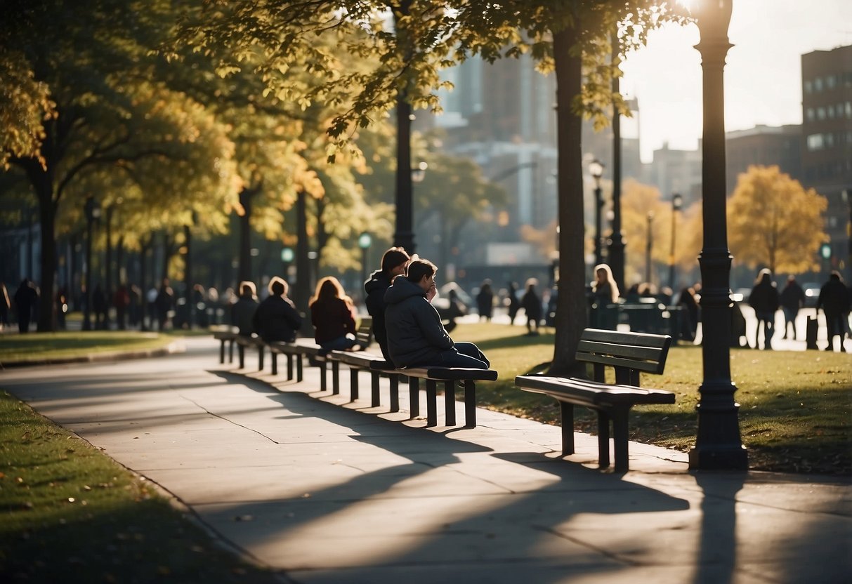 People sit on modern benches in a bustling city park, surrounded by sleek, urban-inspired street furniture