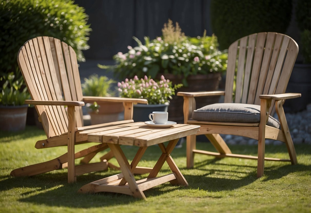 A variety of garden furniture items are displayed for sale, including tables, chairs, and loungers. A sign reads "Frequently Asked Questions" for potential customers