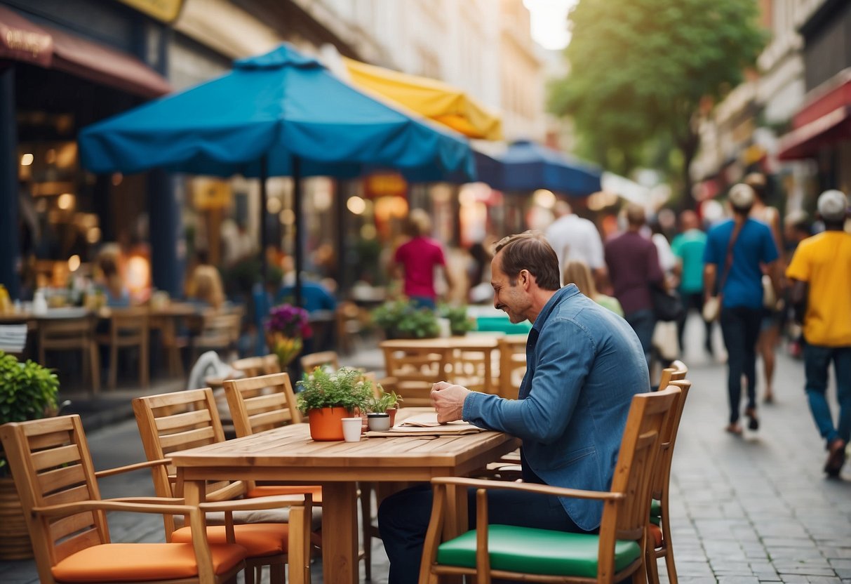 People bustling around outdoor furniture displays, reading signs and inspecting products. A busy street scene with colorful furniture and a vibrant atmosphere