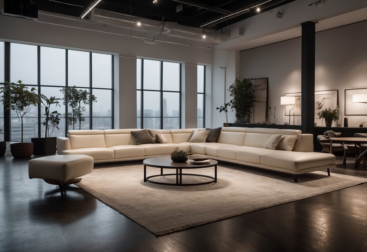 A spacious, well-lit showroom displays sleek, minimalist furniture designs in neutral tones. Clean lines and functional pieces are arranged in modern room settings