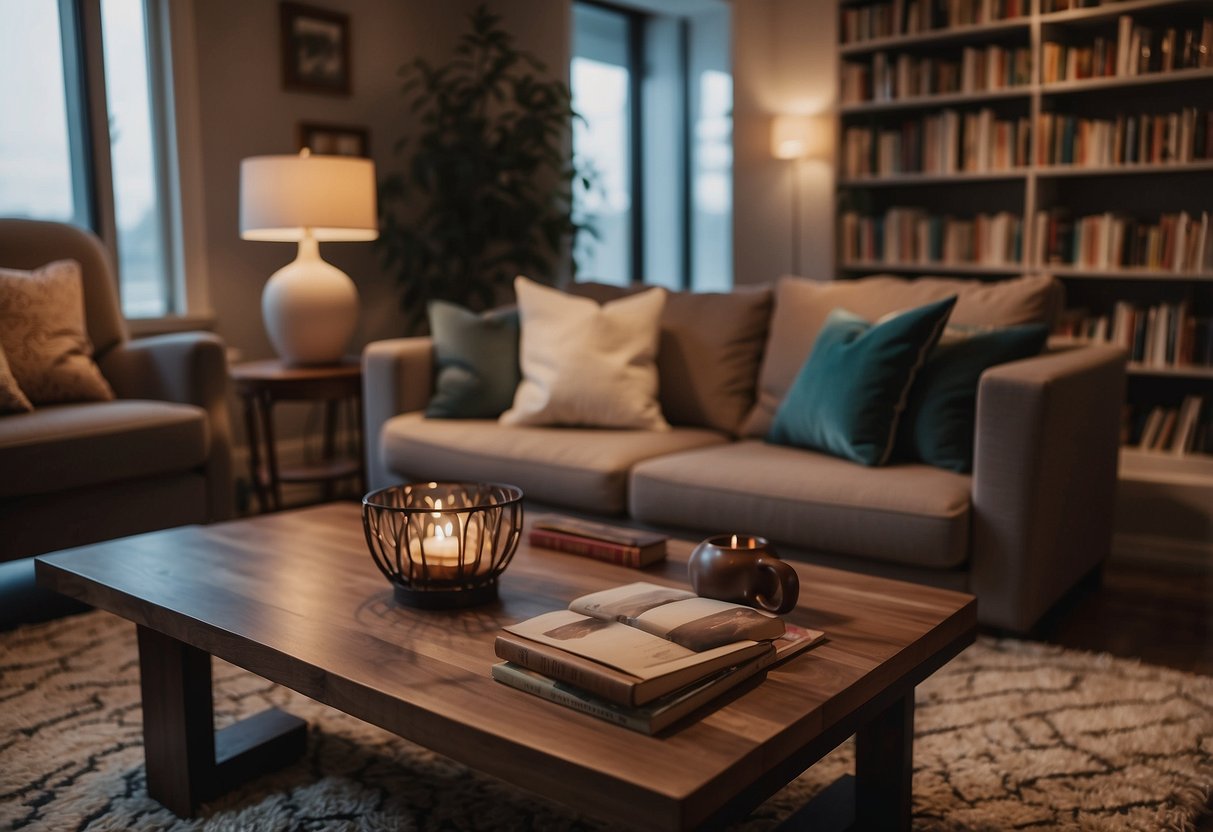 A cozy living room with a plush sofa, a coffee table, and a bookshelf filled with books and decorative items. A soft rug covers the floor, and a warm glow emanates from the table lamp