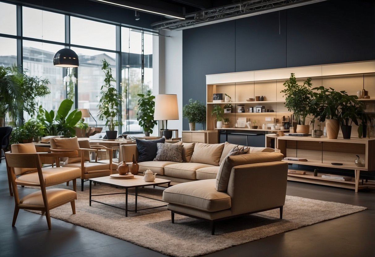 A showroom displays a variety of furniture in different materials, showcasing the range of products offered by Swedish manufacturers