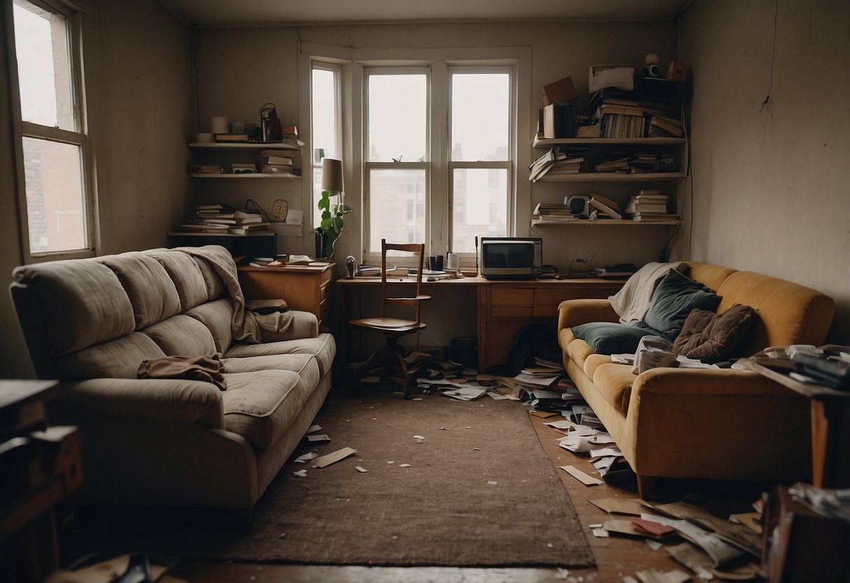 A cluttered room with mismatched, worn-out furniture, including a sagging sofa and wobbly table. The walls are bare, and the floor is scuffed