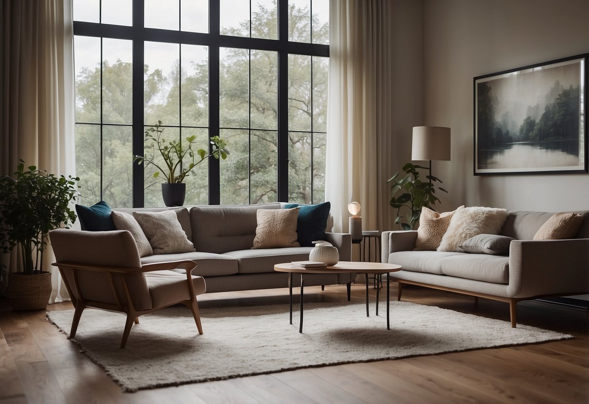 A cozy living room with a plush sofa, a coffee table, and a soft rug. In the background, a sleek desk with a comfortable chair. The room is filled with natural light from large windows