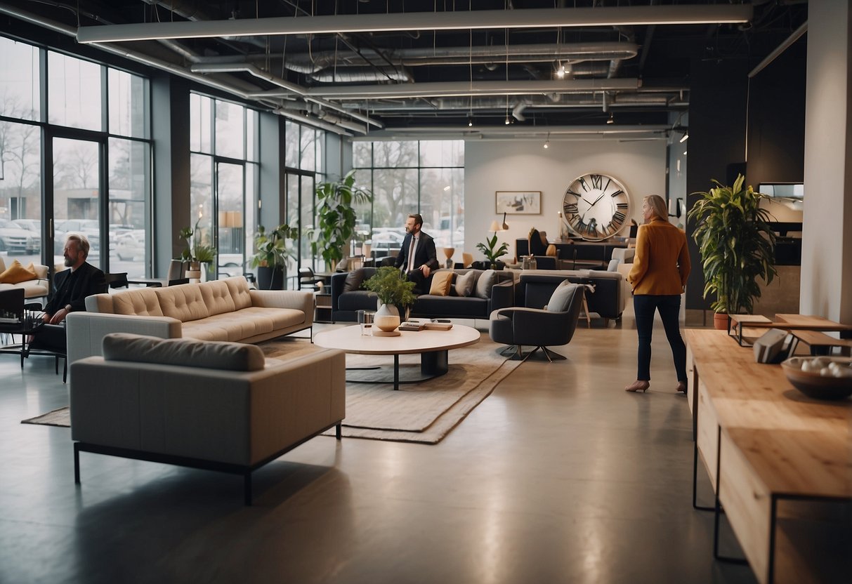 A group of people browsing through a showroom filled with modern and sleek furniture. A sign above them reads "Frequently Asked Questions" about Swedish furniture manufacturers